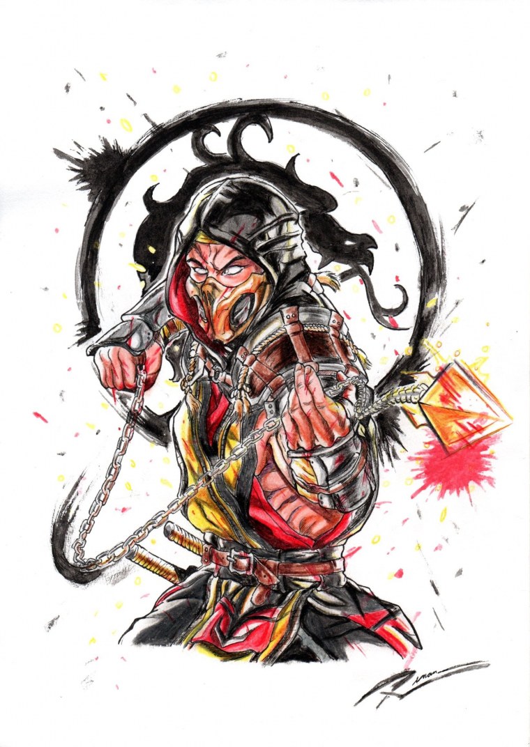 Мортал комбат Скорпион чëрно белый