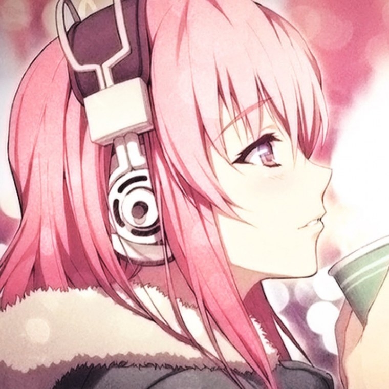 Аниме девушка с розовыми волосами в наушниках