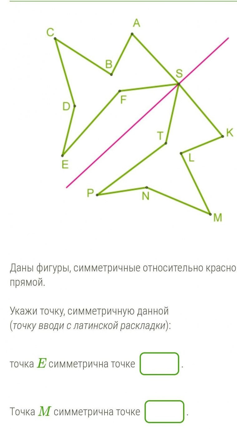 Даны фигуры симметричные относительно красной прямой