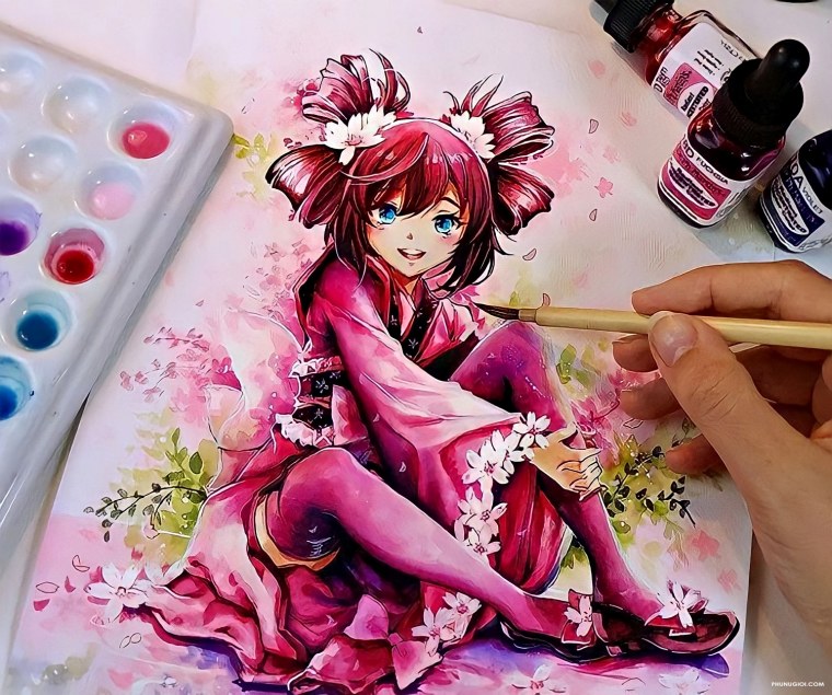 Аниме акварельными карандашами