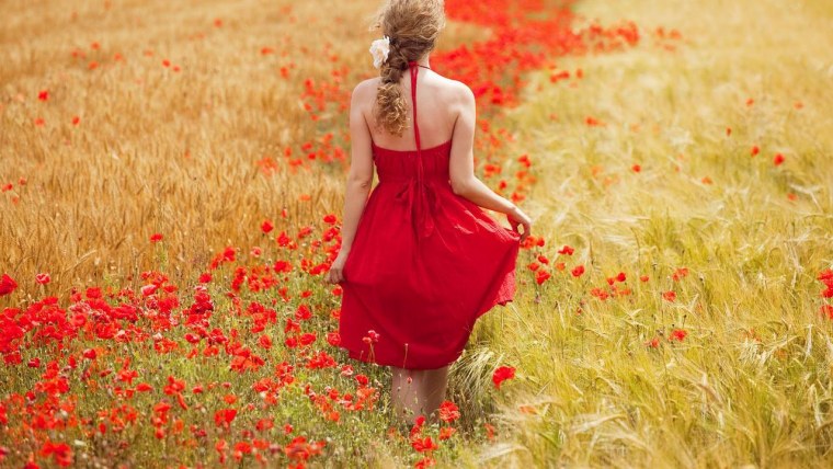 Девушка в поле цветов со спины