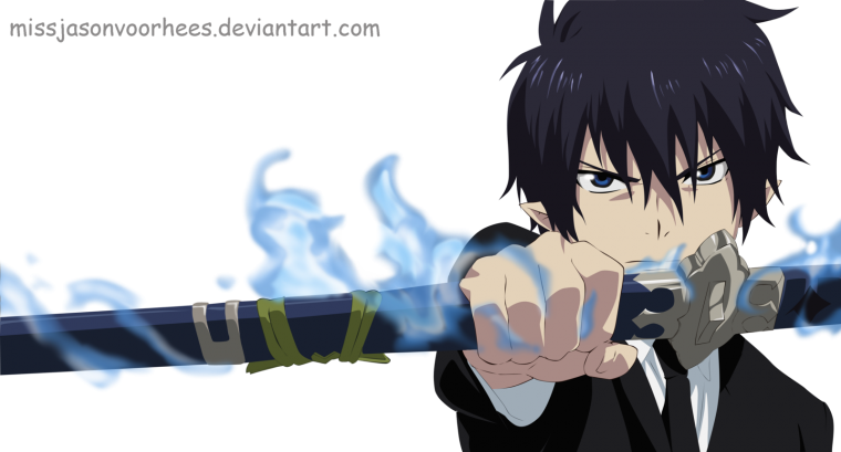 Синий экзорцист Рин на белом фоне