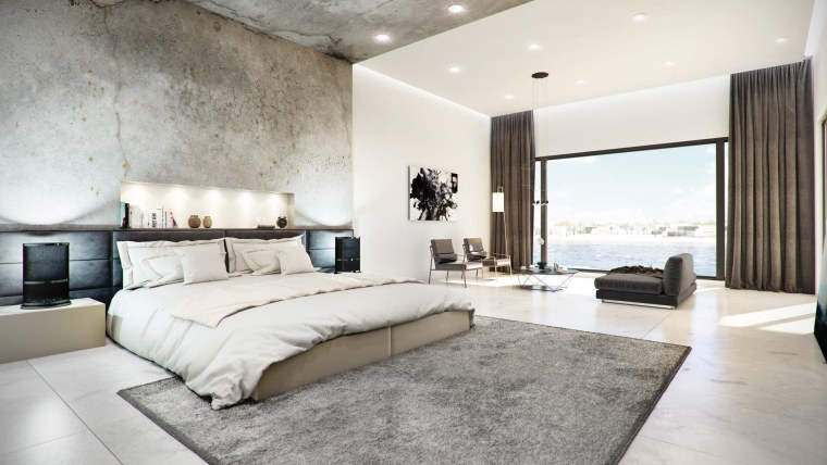 Бетон в интерьере спальни